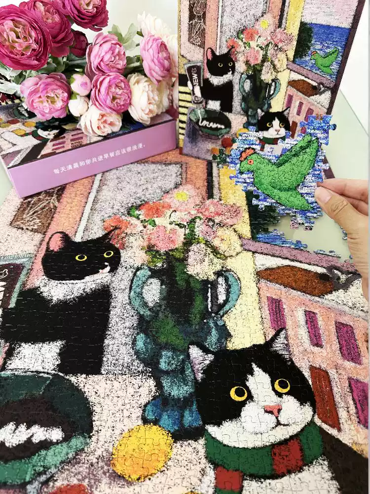 1000pcs Jigsaw Puzzle-Sandbars in the River of Time-Cat's Morning with Flowers and Chocolate