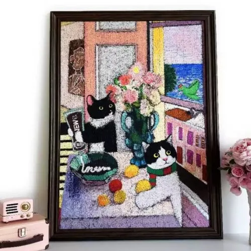 Discontinued-Hourglass Puzzle-1000pcs Jigsaw Puzzle-Cat's Morning with Flowers and Chocolate