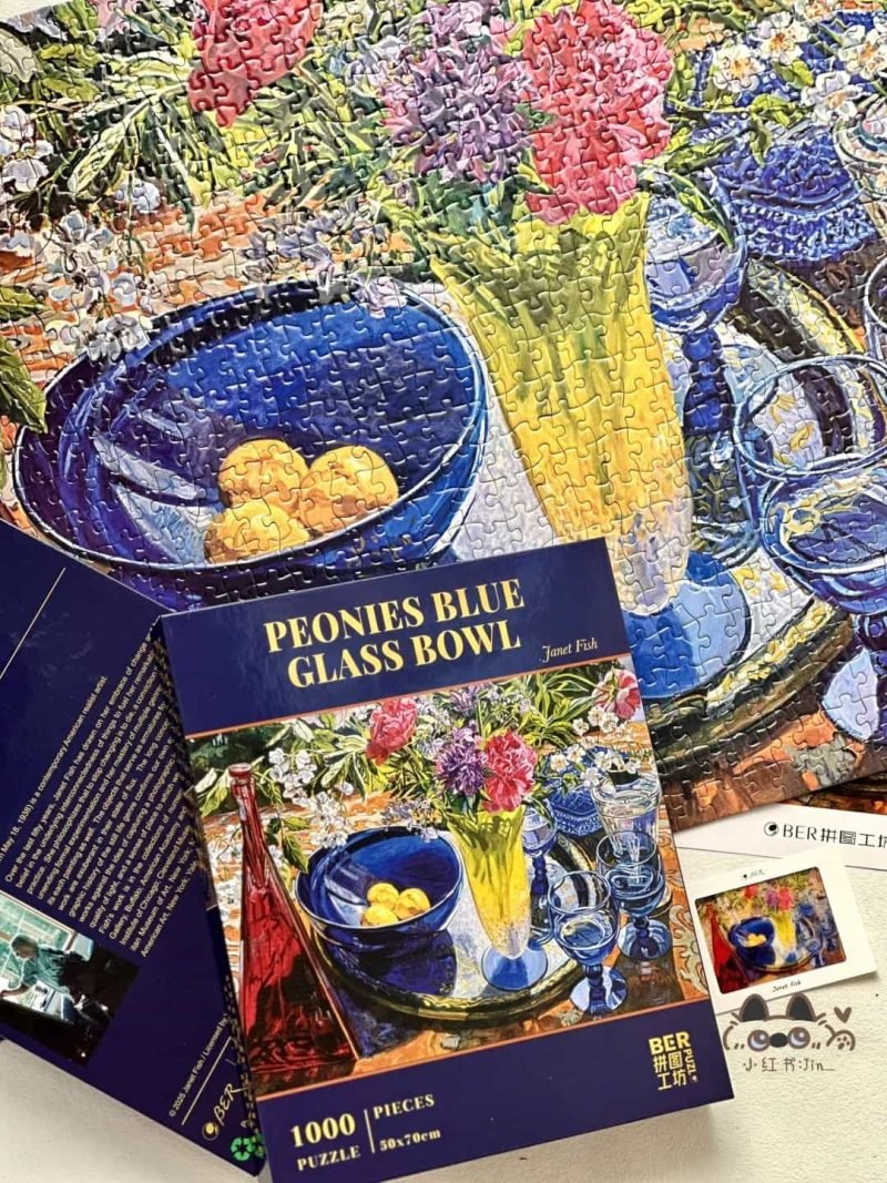 1000pcs Jigsaw Puzzle-Ber Puzzle-Peonies Blue Glass Bowl-Janet Fish