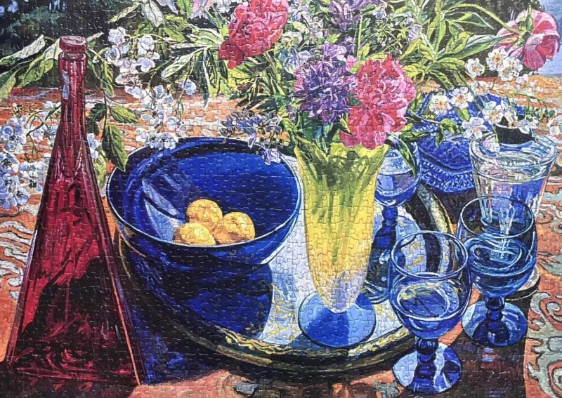 1000pcs Jigsaw Puzzle-Ber Puzzle-Peonies Blue Glass Bowl-Janet Fish