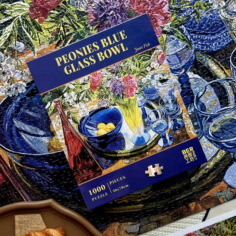 1000pcs Jigsaw Puzzle-Ber Puzzle-Peonies Blue Glass Bowl-Janet Fish