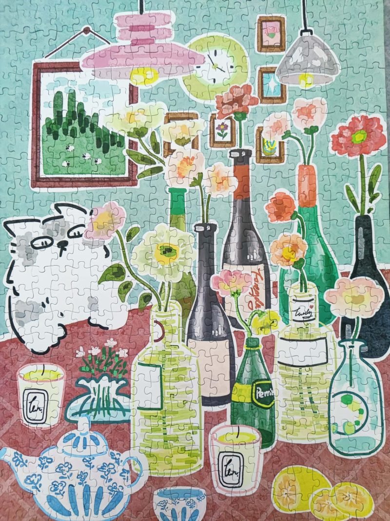 Bubble Puzzle-500pcs Jigsaw Puzzle-Glass Bottle Flowers and Cat