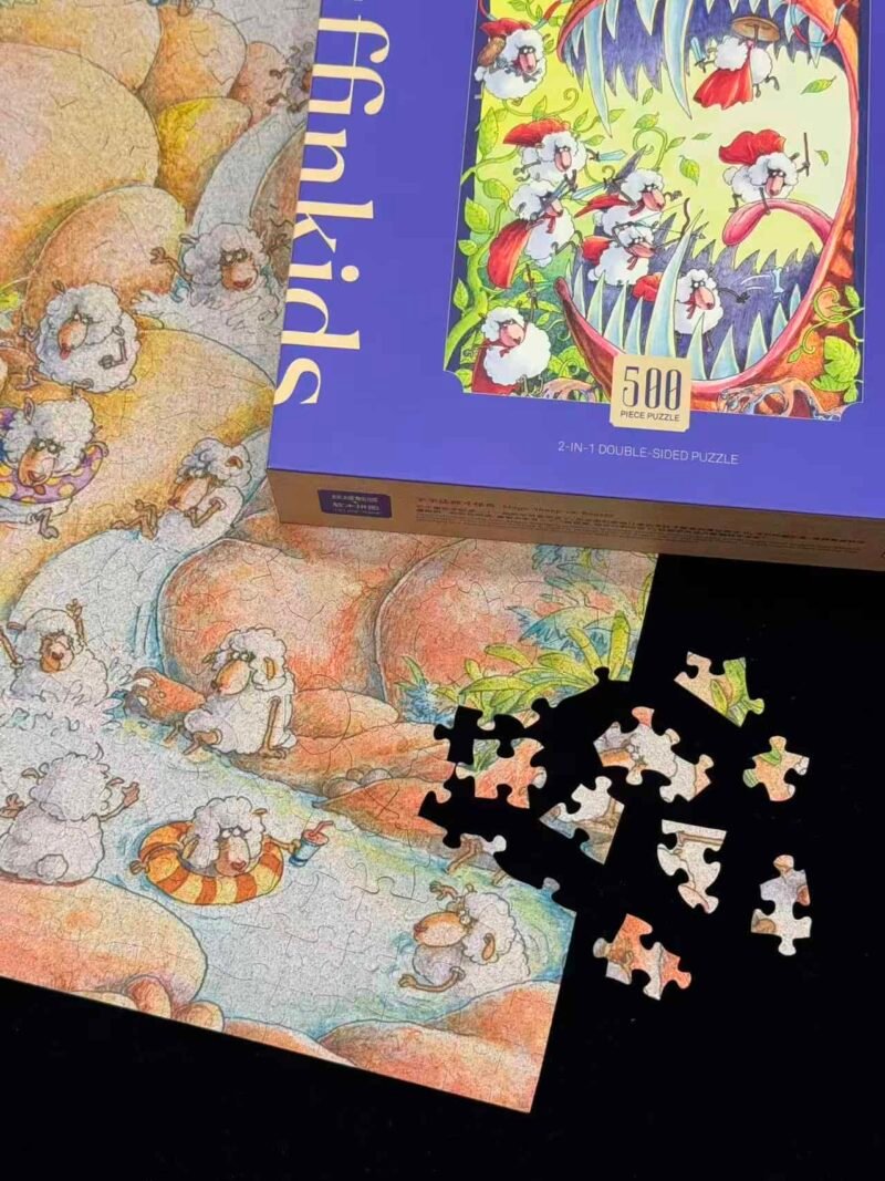 Puffinkids-500 Piece Irregular Cut Double-sided Cork Puzzle-Mage Sheep vs Beasts